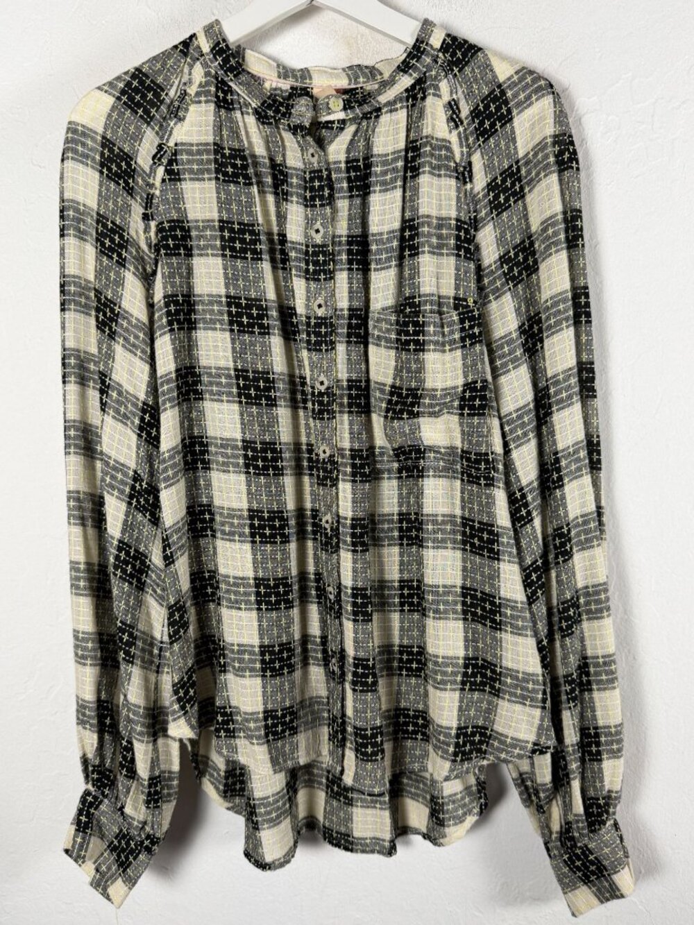 Pilcro Black and Cream Plaid Henley Button-Front Blouse